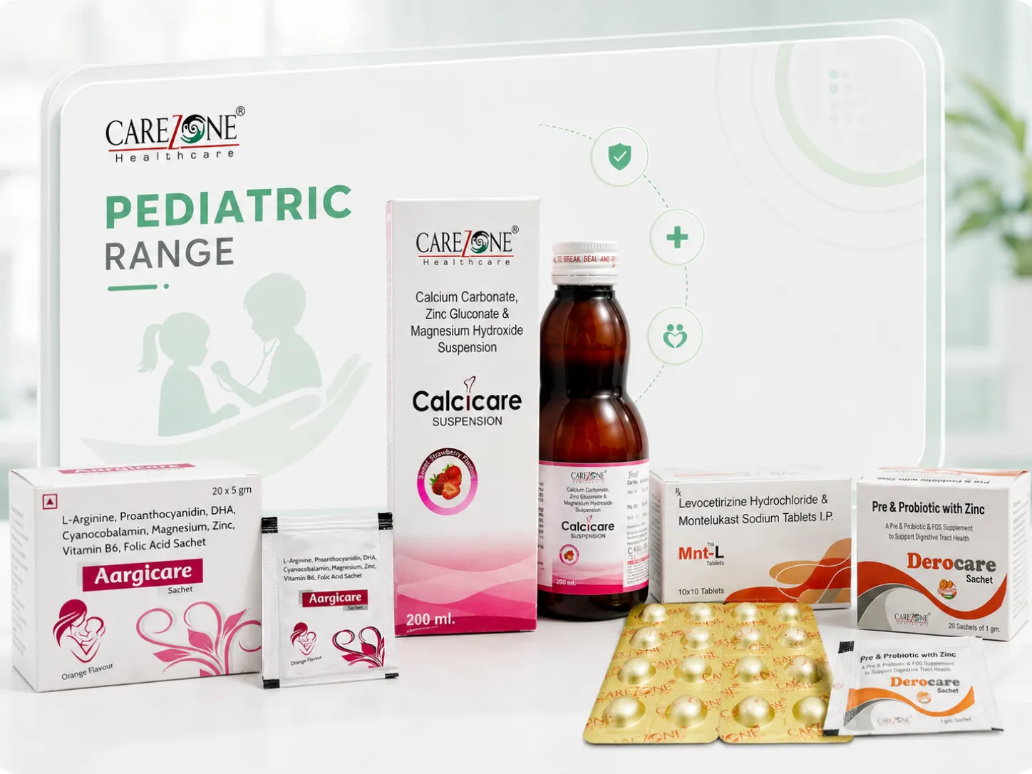 Carezone Healthcare pediatric portfolio collage showing pediatric syrup suspension tablet and wellness products