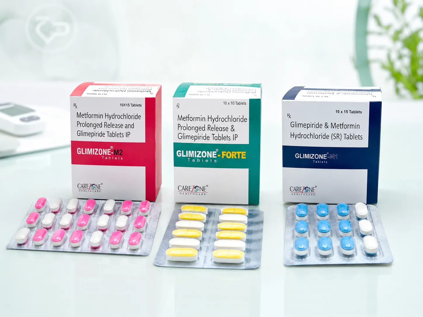 Carezone Healthcare anti-diabetic product range with Glimizone Forte Glimizone M1 and Metformin tablets