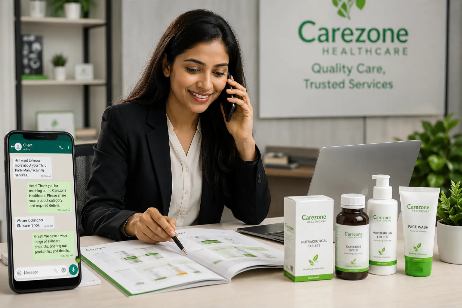 Business support desk with phone product catalogue and pharma boxes for manufacturing enquiry communication