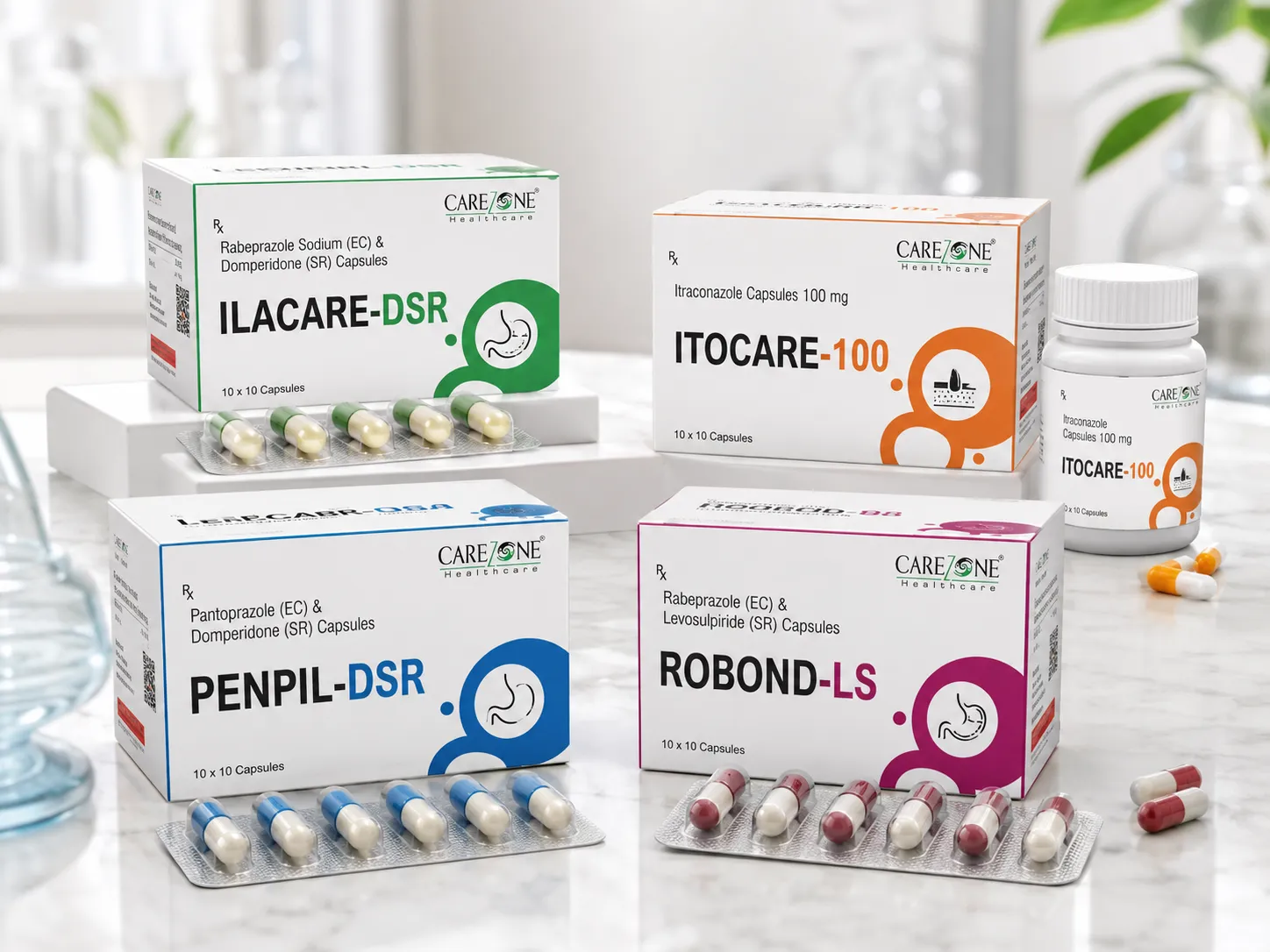 Carezone Healthcare product showcase with bottle and capsules