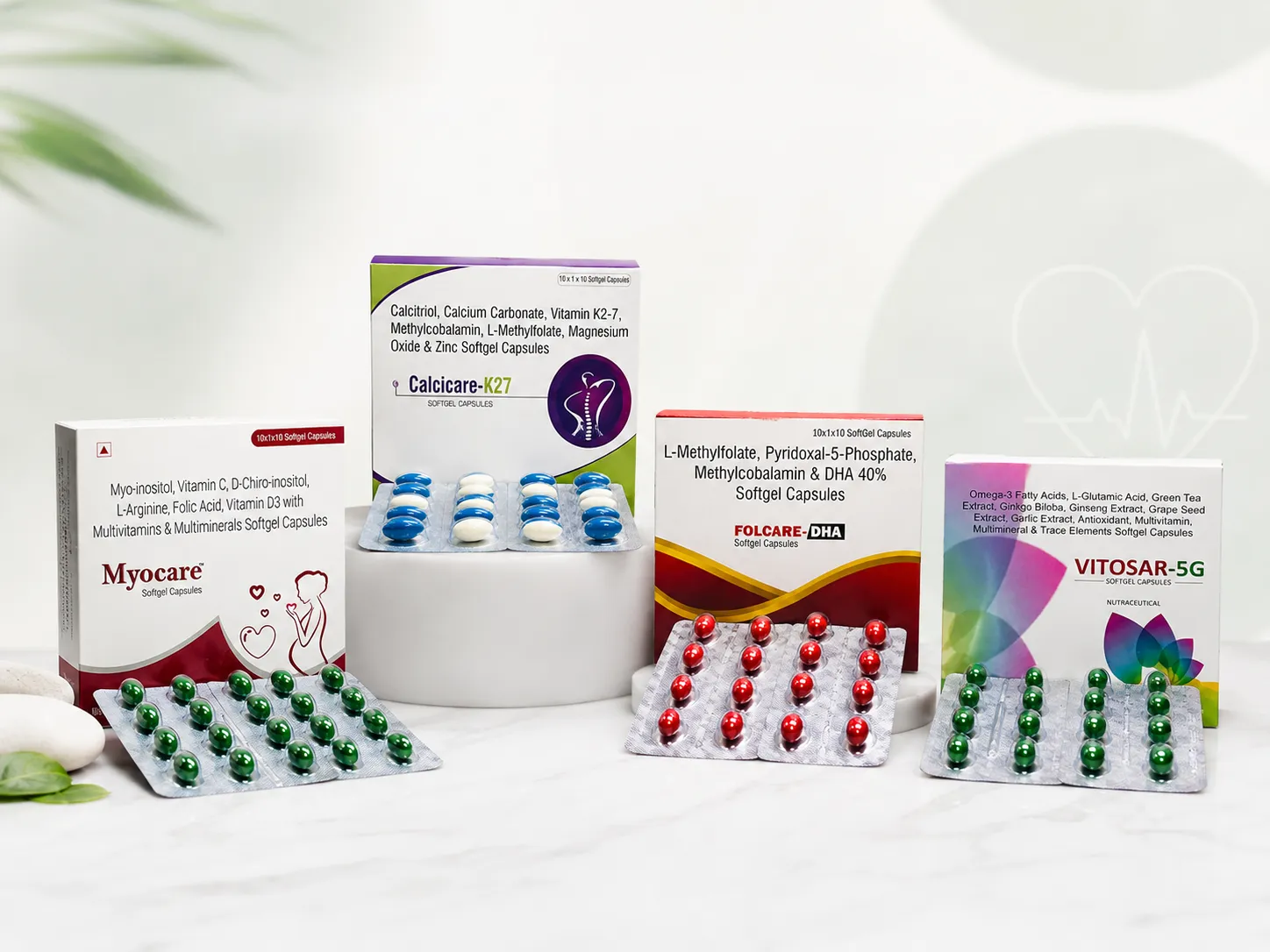 Carezone Healthcare capsules and softgel range with Calcicare K27 Folcare DHA Myocare and Vitosar 5G products