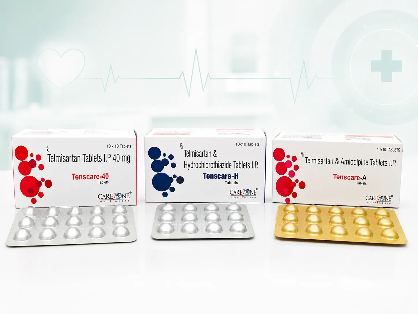 Carezone Healthcare cardiac product range with Tenscare 40 Tenscare H and Tenscare A tablets