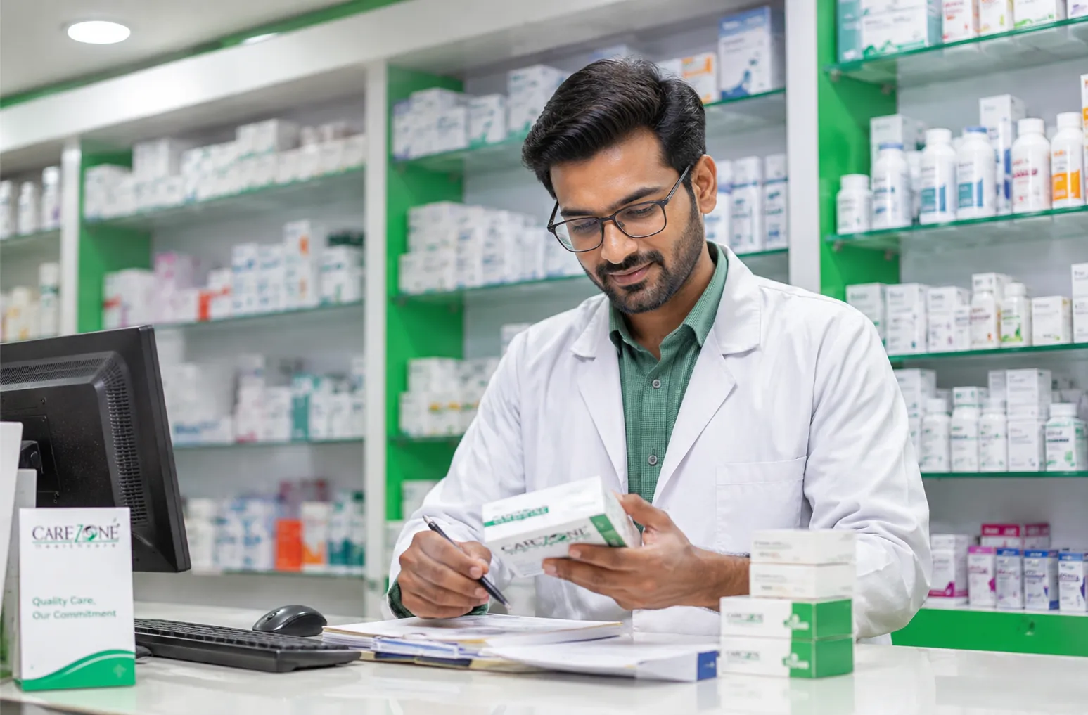 Chemist exploring Carezone Healthcare PCD franchise opportunity at pharmacy counter