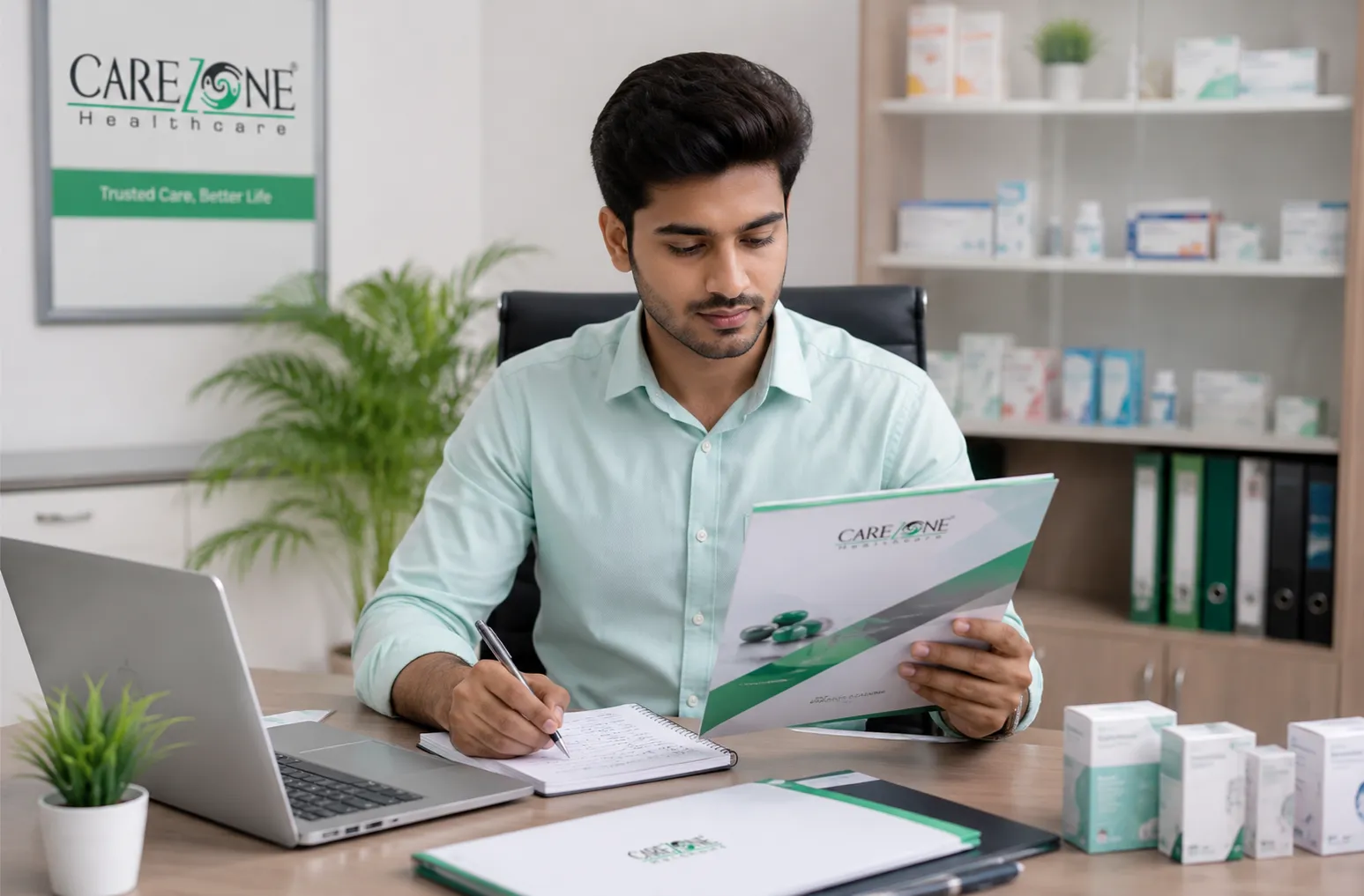 D Pharm or B Pharm graduate studying Carezone Healthcare product catalogue for PCD franchise business