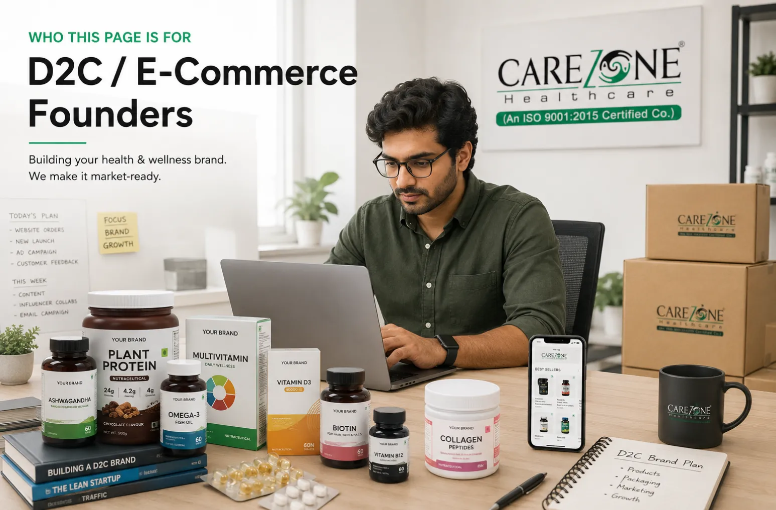 D2C healthcare brand workspace with product packaging and online order dashboard