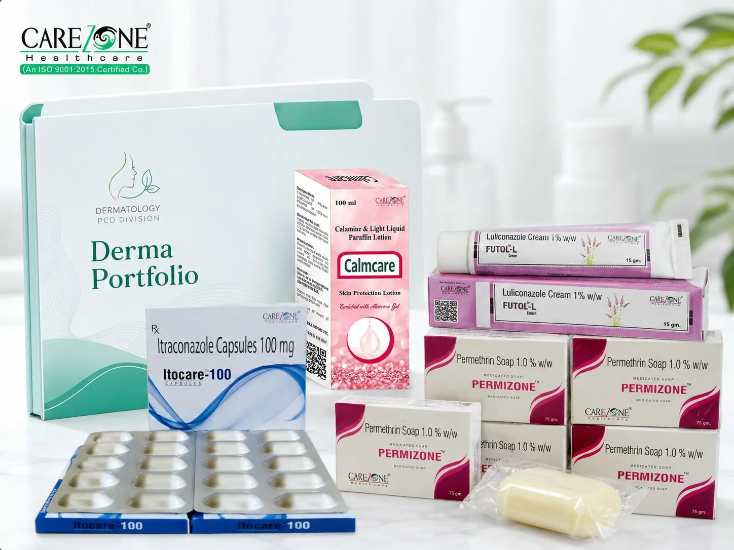 Carezone Healthcare dermatology product portfolio with creams lotions soaps sunscreen and capsules