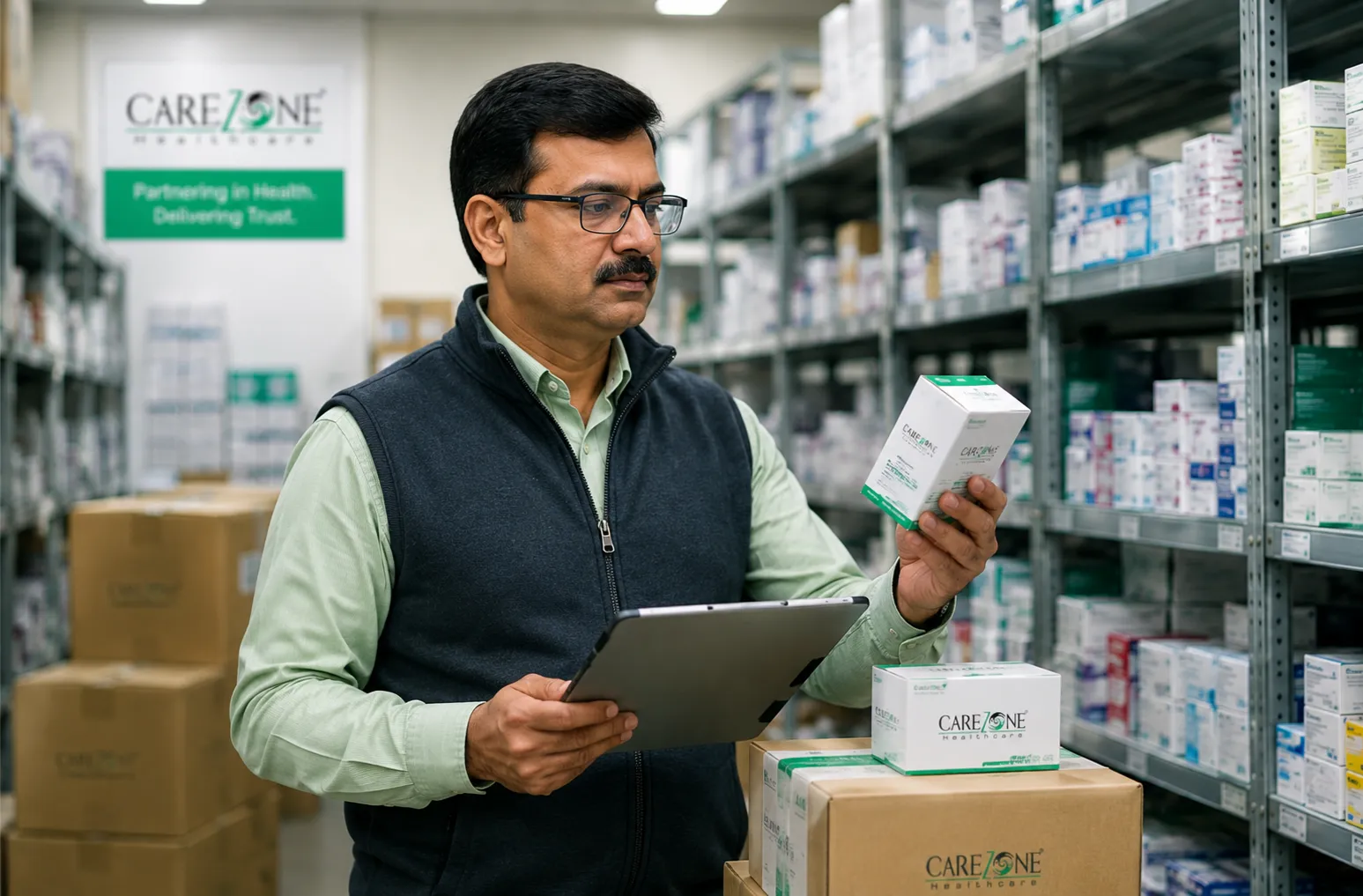 Regional distributor checking pharma inventory for Carezone Healthcare PCD product portfolio