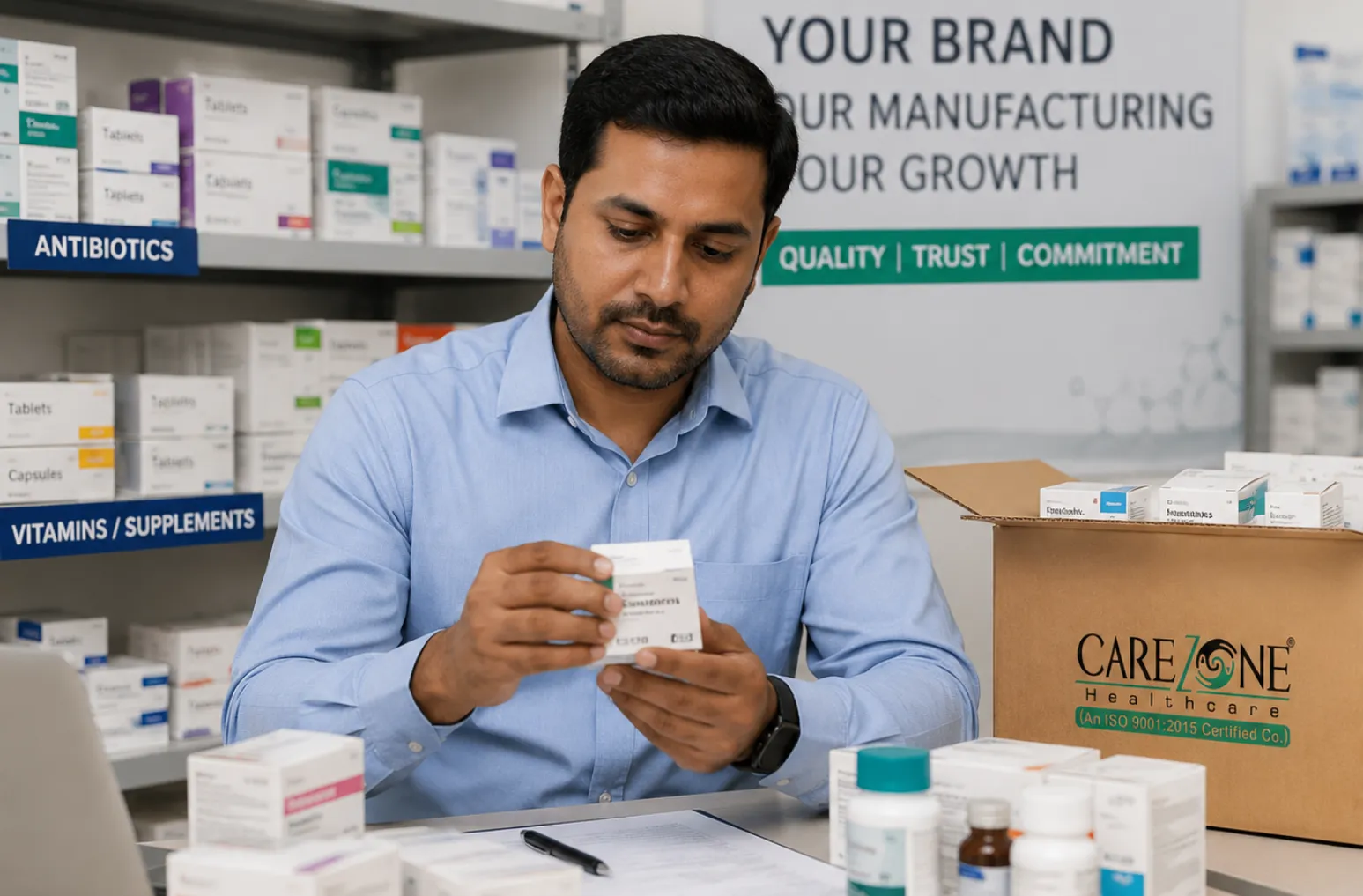 Pharma distributor checking product cartons and inventory for own brand launch