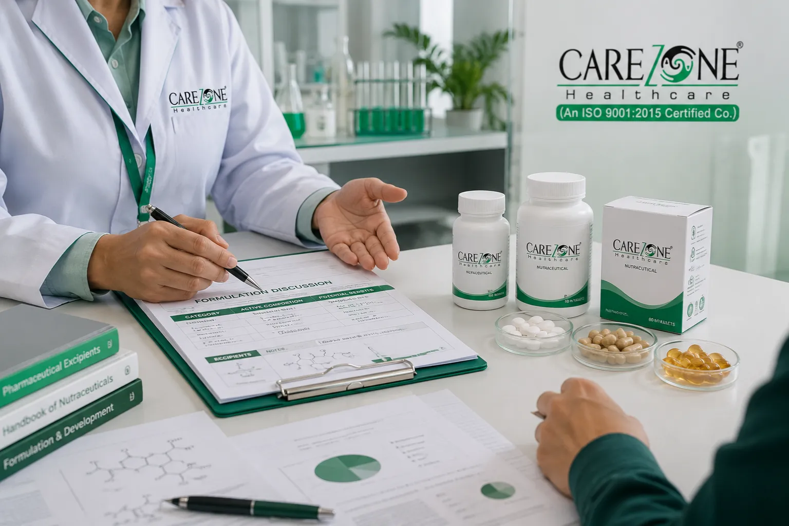 Formulation notes and sample bottles for product feasibility discussion