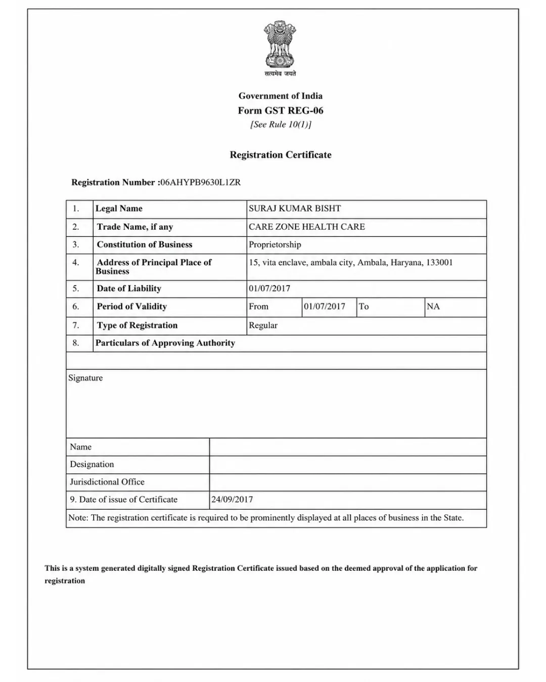 Carezone Healthcare Government GST Registration Certificate