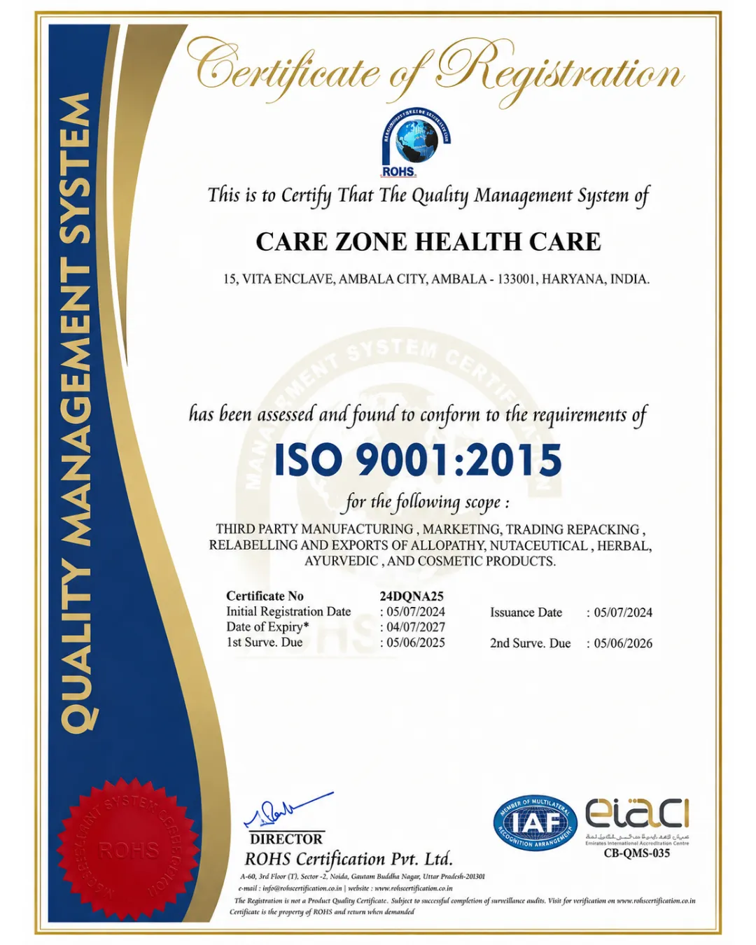 Carezone Healthcare ISO 9001:2015 Quality Management Certificate