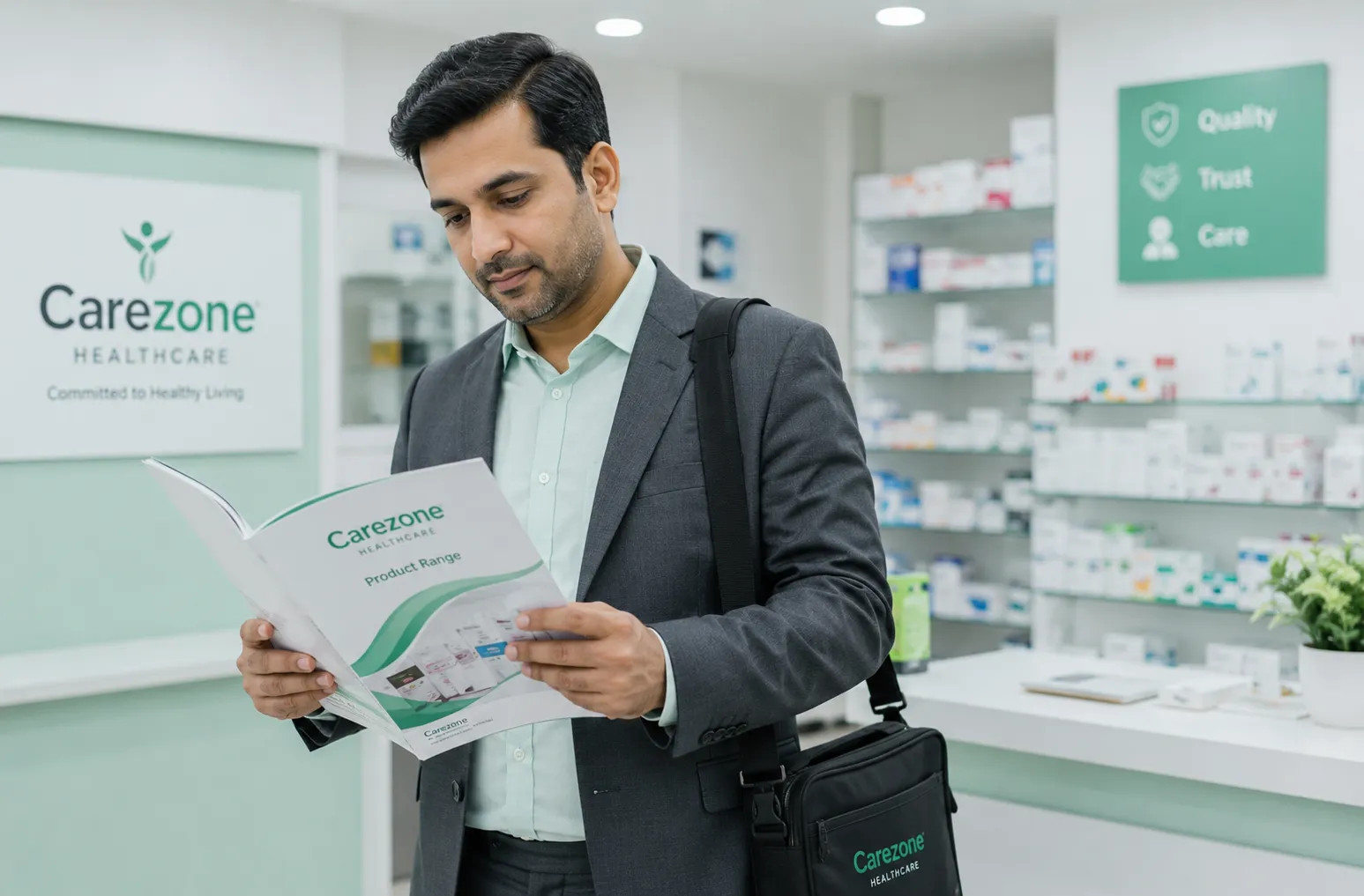 Medical representative reviewing Carezone Healthcare product catalogue for PCD franchise enquiry