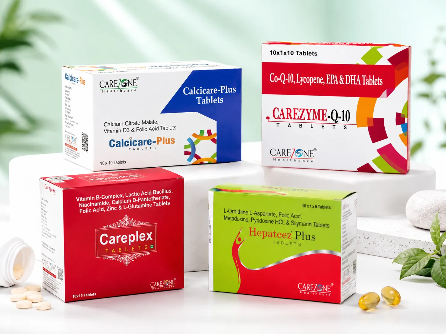 Wellness product box and sachet packaging showcase