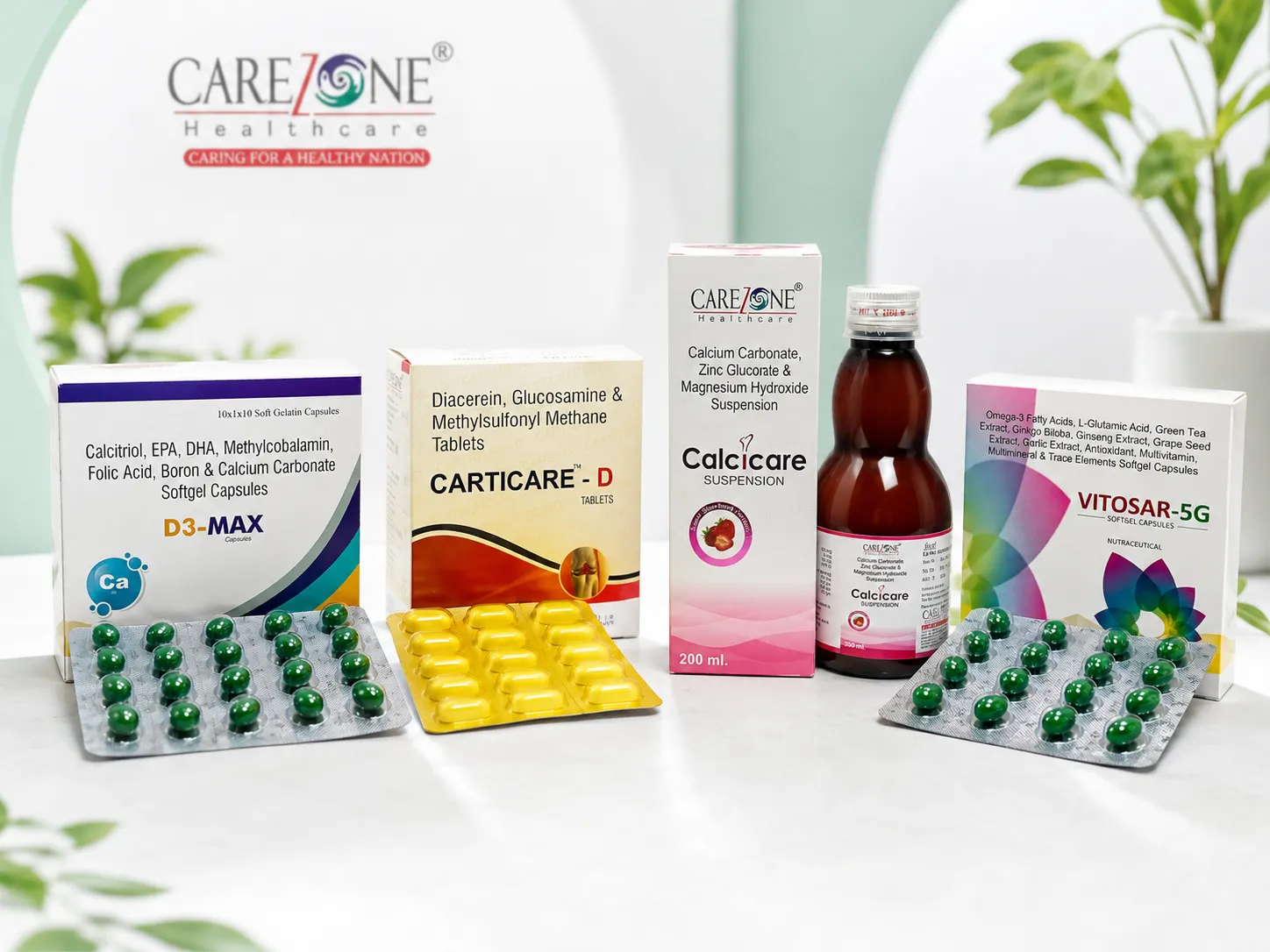 Carezone Healthcare supplement and nutraceutical range with softgel capsules syrup and wellness products