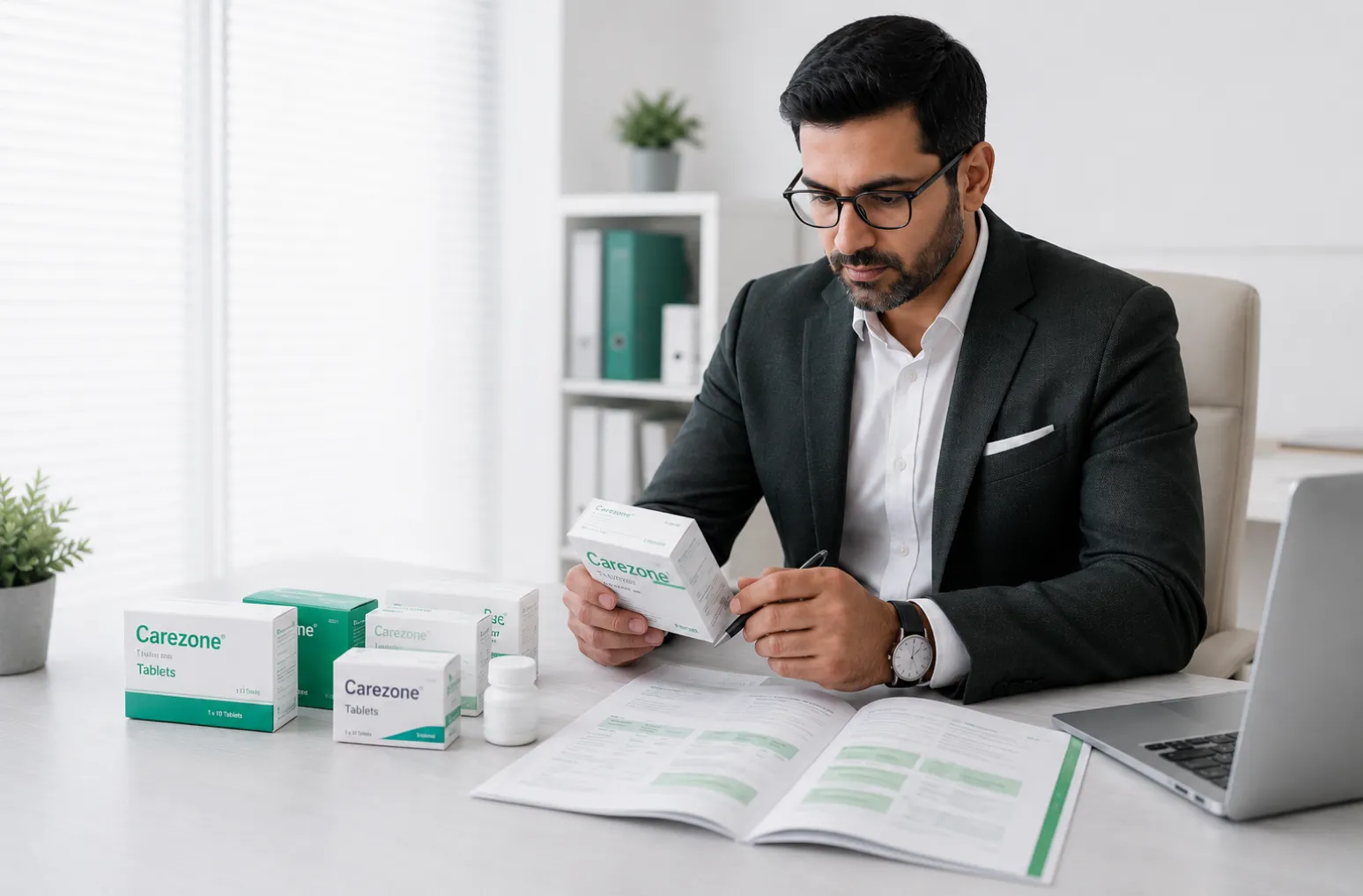 Pharma brand owner reviewing medicine boxes and product catalogue