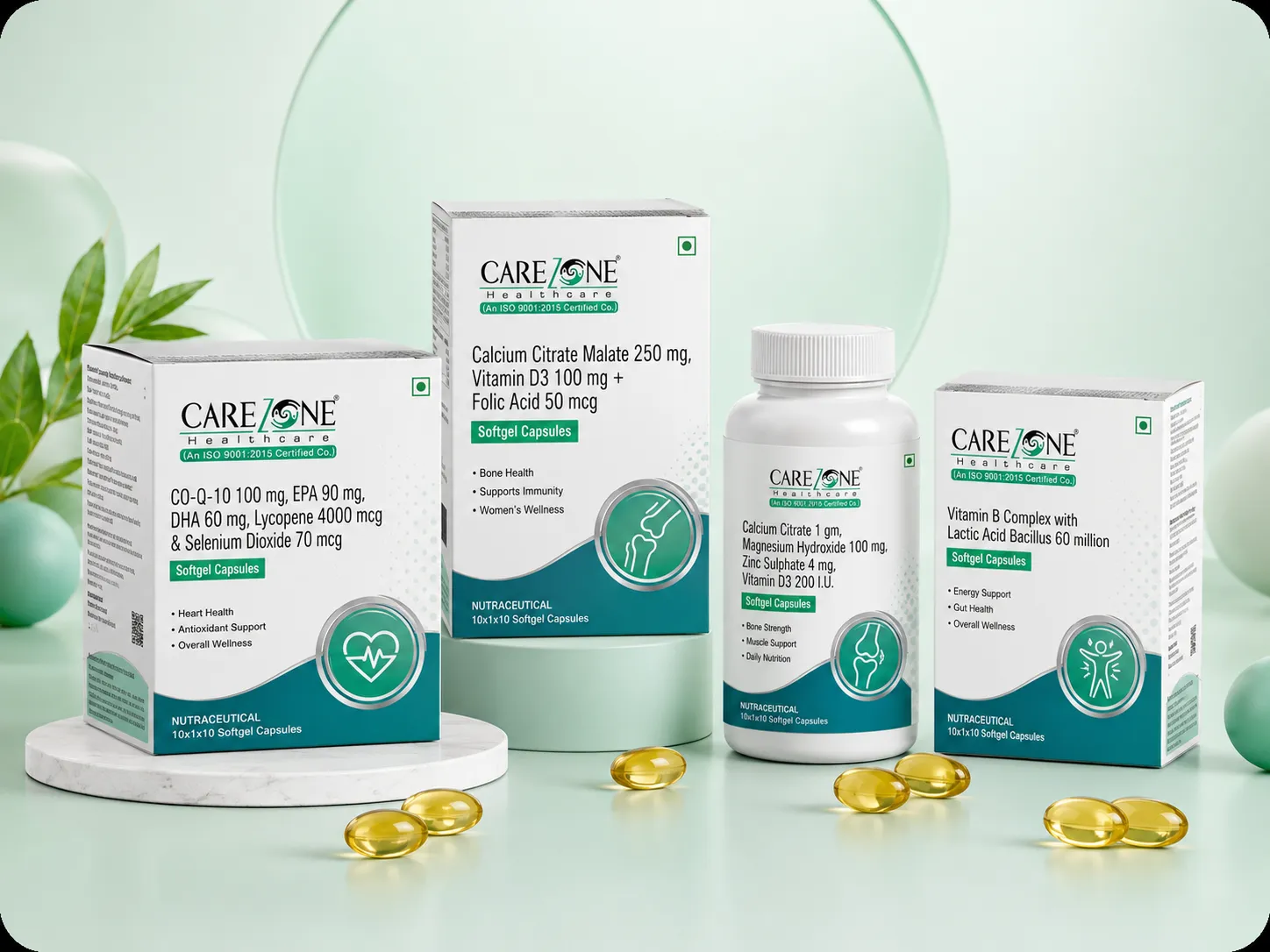 Nutraceutical supplement bottle and softgel product showcase
