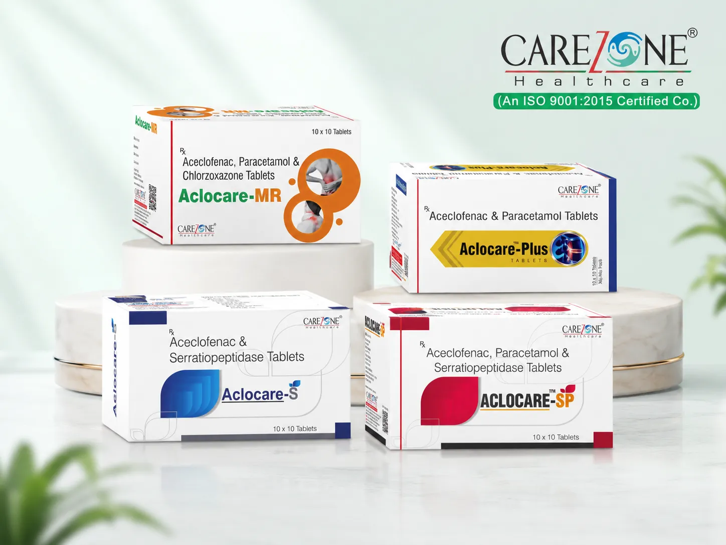 Carezone Healthcare product showcase with pharma cartons and packaging samples