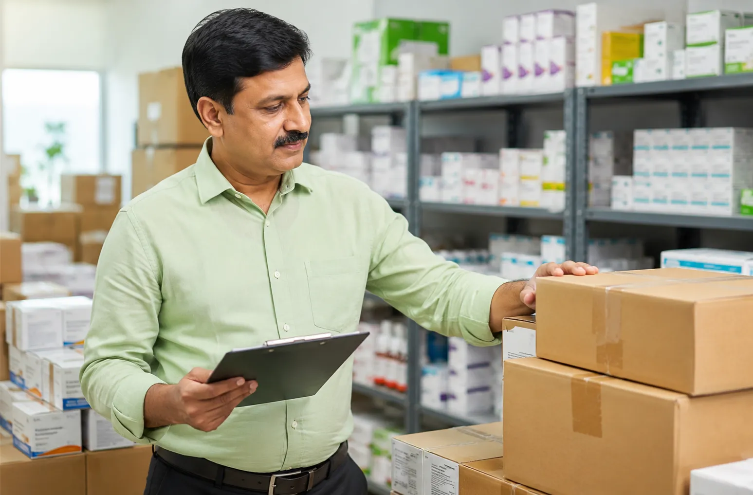 Pharma wholesaler checking medicine cartons for Carezone Healthcare PCD franchise business