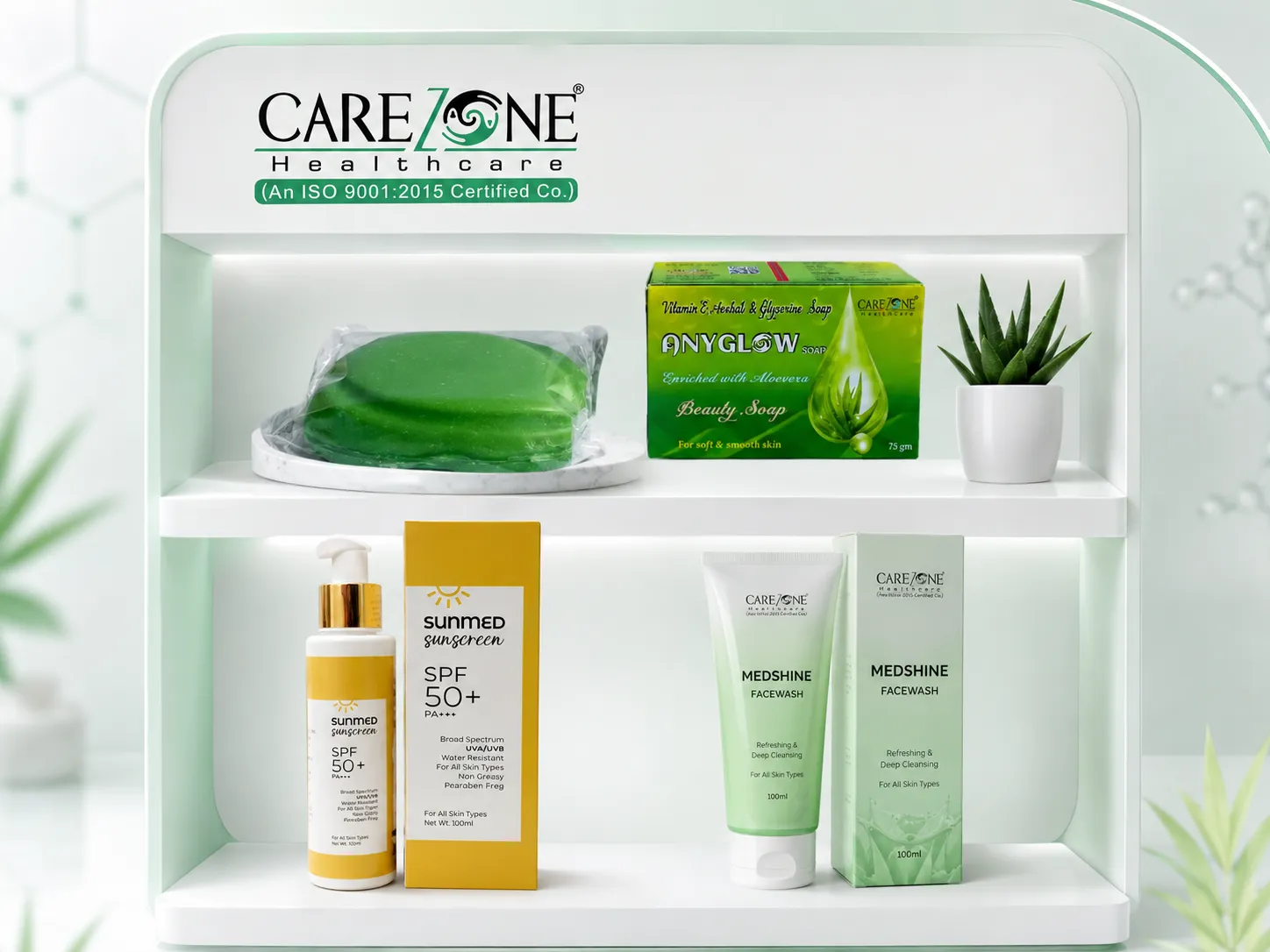 Carezone Healthcare cosmetic and skincare product shelf with sunscreen serums creams and facewash