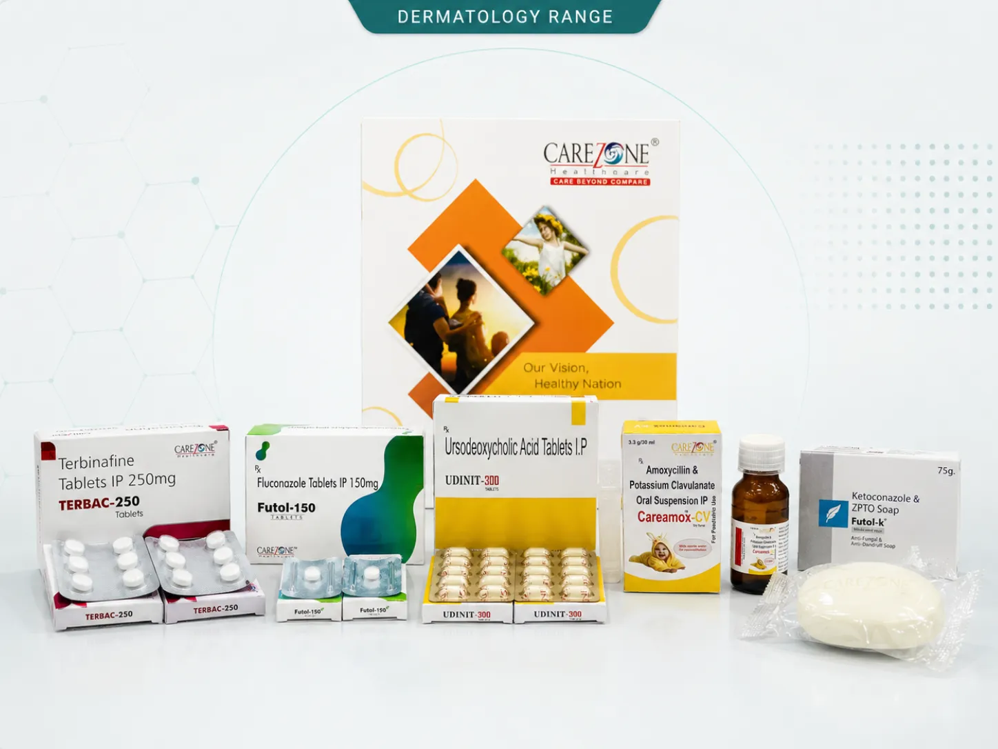 Carezone Healthcare dermatology range product categories including cream lotion soap capsules and derma products