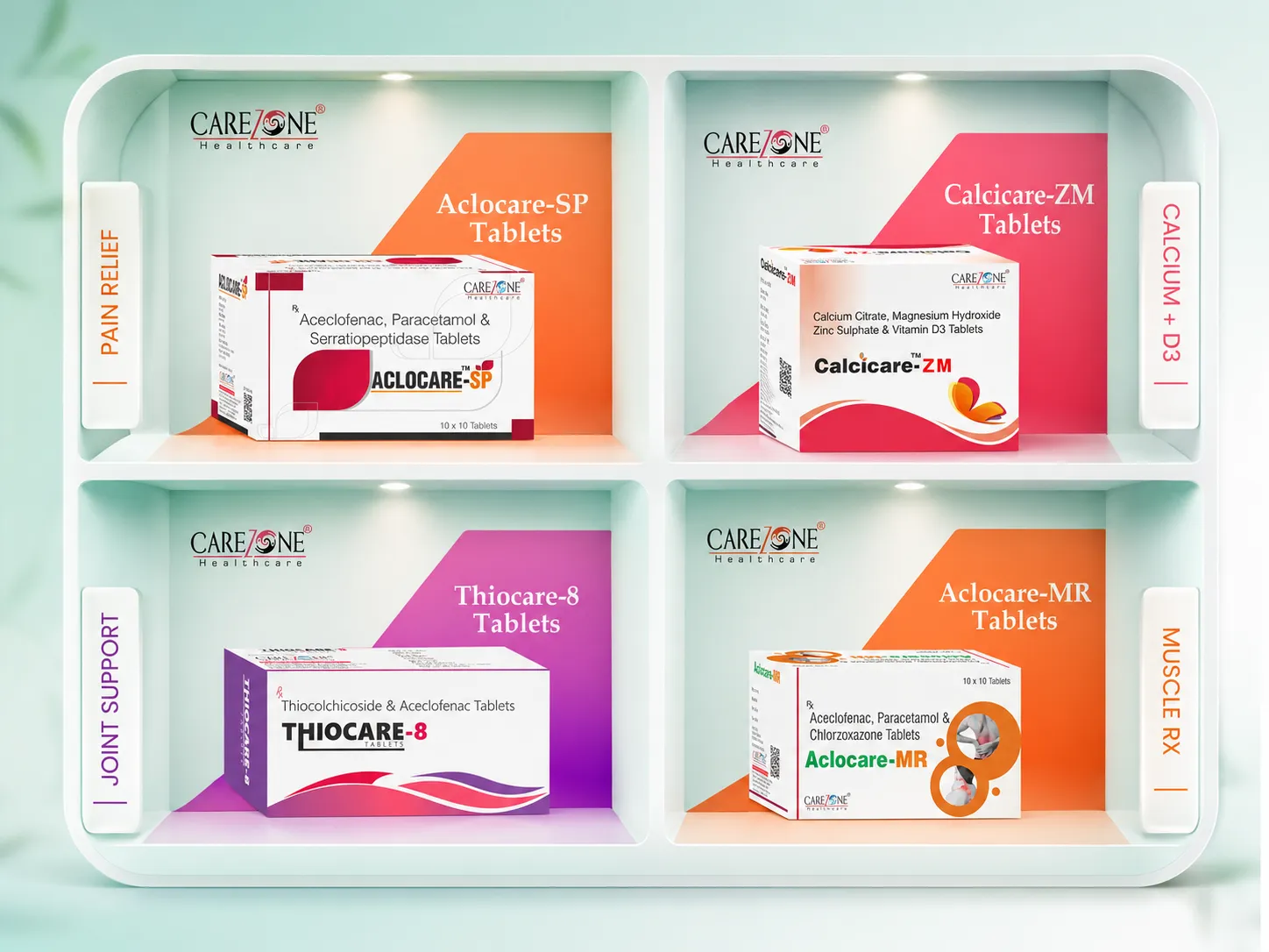 Carezone Healthcare orthopedic range product shelf with pain relief calcium D3 joint support and muscle care products