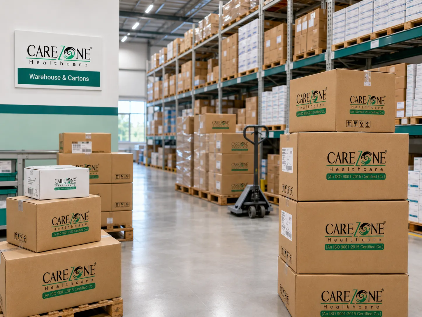 Carezone Healthcare storage warehouse showing arranged bulk product cartons