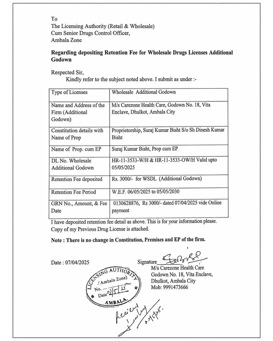 Carezone Healthcare Drug License Compliance Certification