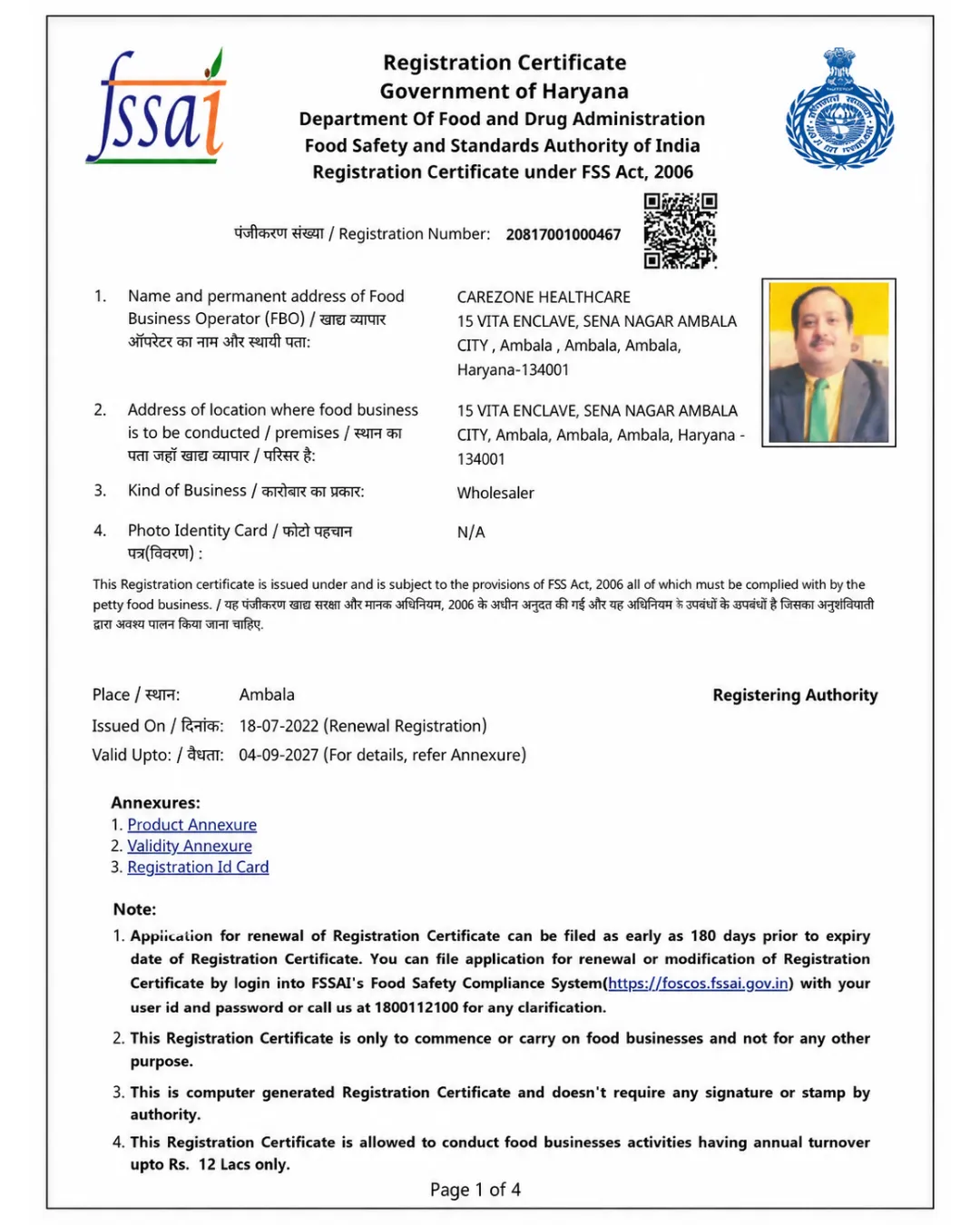 Carezone Healthcare Food Safety and Standards Authority of India Registration Certificate