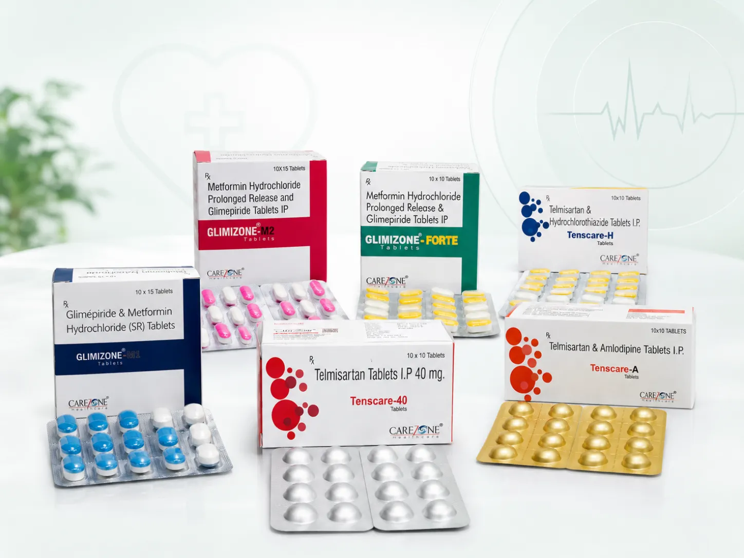 Carezone Healthcare cardiac and diabetic PCD therapy product range with Glimizone and Tenscare tablets