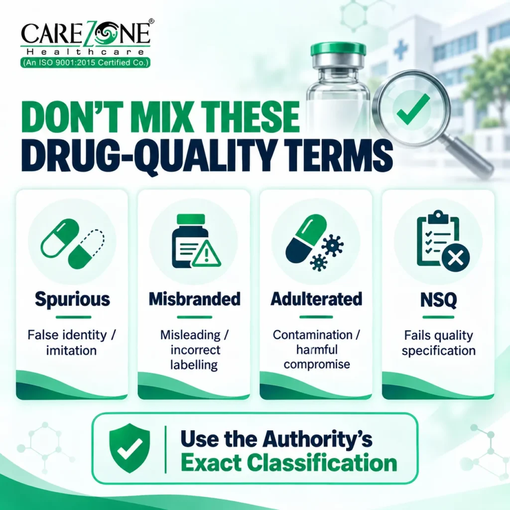 Difference between spurious misbranded adulterated and NSQ drugs in India