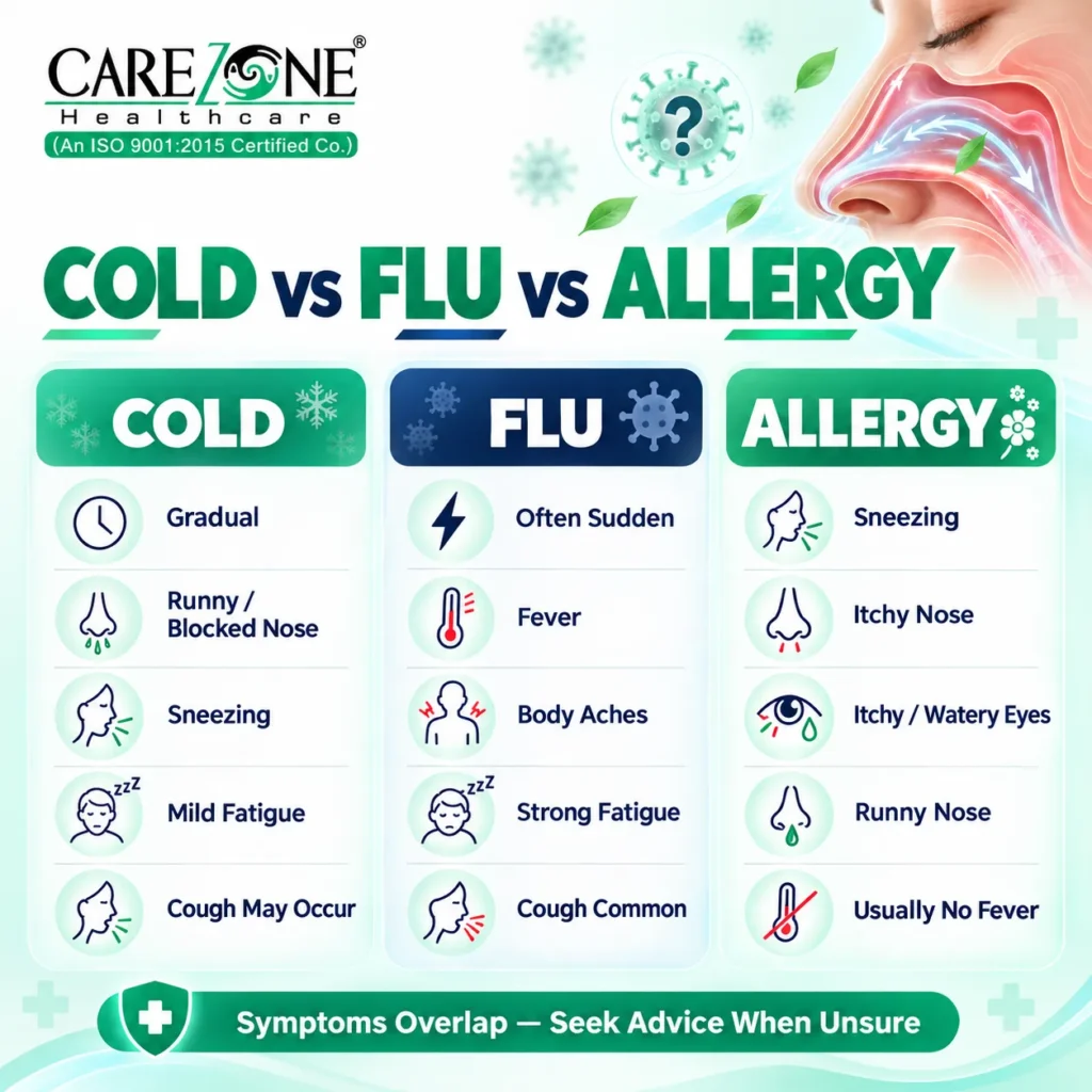 Cold vs flu vs allergy symptoms India 2026 comparison