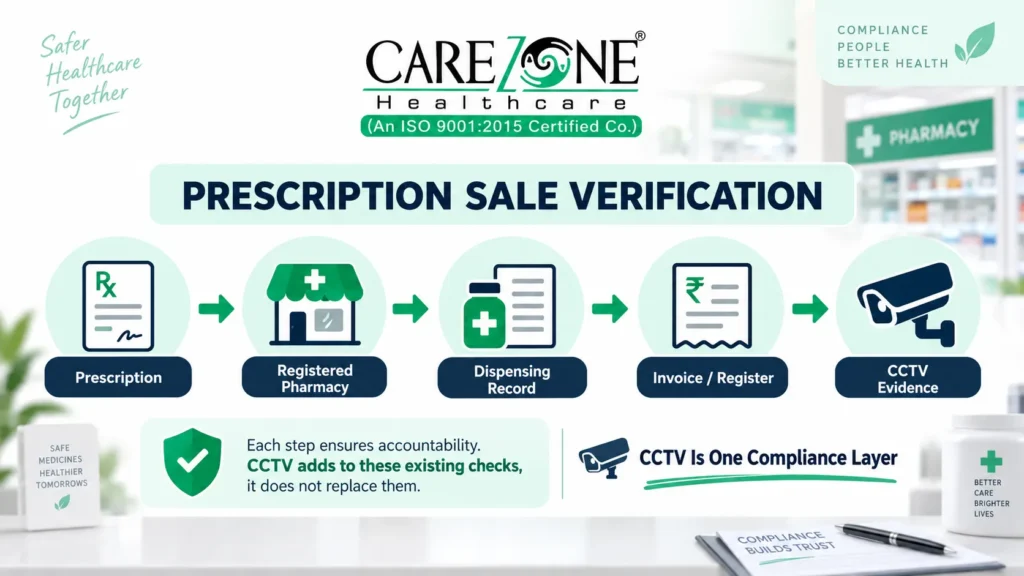 Prescription medicine sale verification using pharmacy records invoice register and proposed CCTV evidence