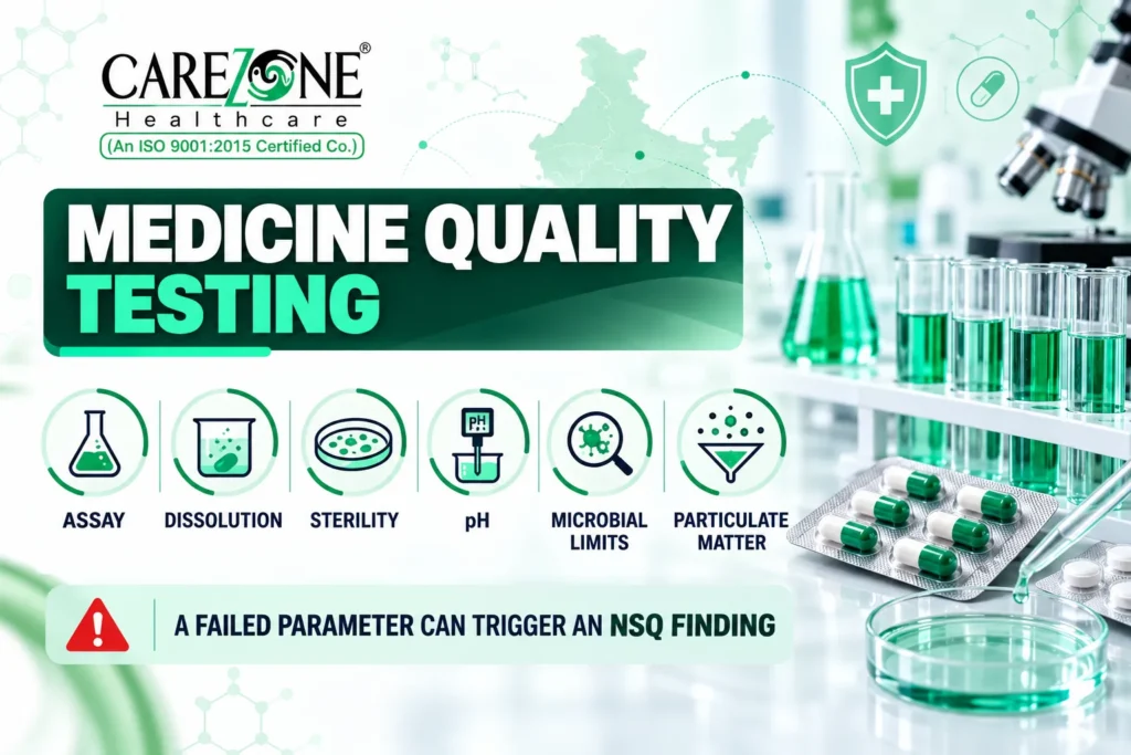 Medicine quality tests NSQ assay dissolution sterility pH India